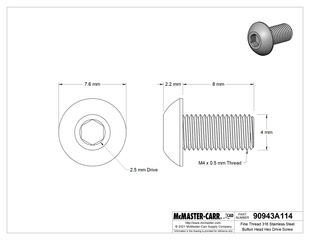 Technical Drawing of Fine Thread 316 Stainless Steel Button Head Hex Drive Screw, M4 x 0.50 mm Thread, 8mm Long.